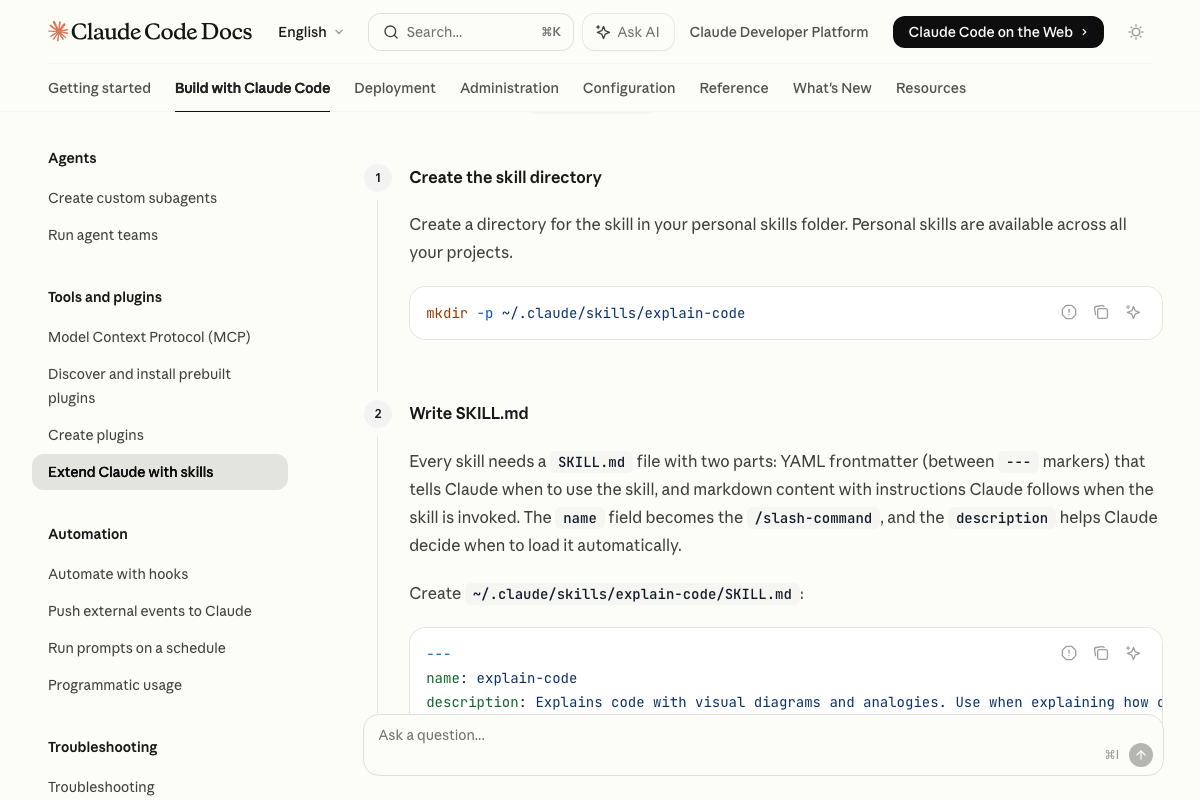 Skill creation steps showing mkdir -p and SKILL.md with required YAML frontmatter placed inside the named subdirectory