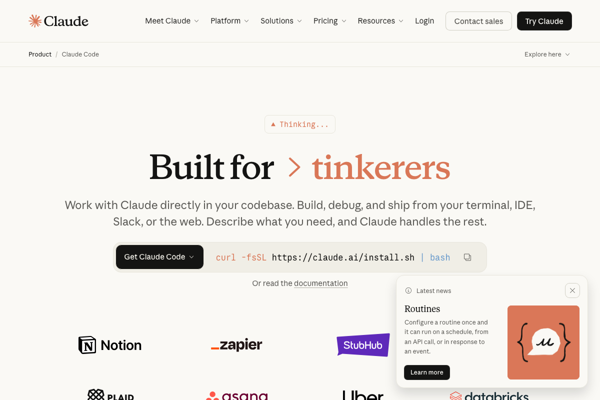 Claude Code product hero on anthropic.com — install via curl, available across terminal, IDE, Slack, and web