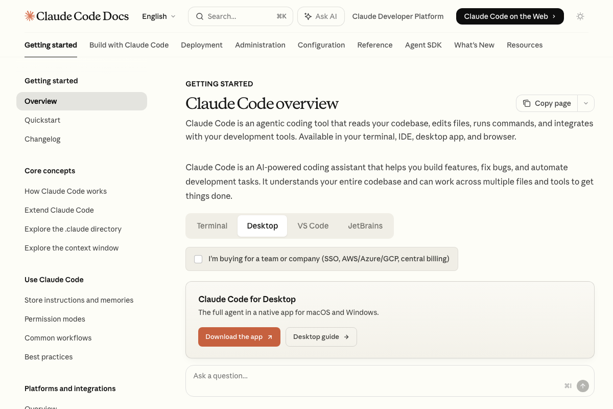 Claude Code Docs overview — confirmed as an agentic coding and file-editing tool available in Terminal, Desktop, VS Code, and JetBrains; prompt authoring is not a documented workflow.