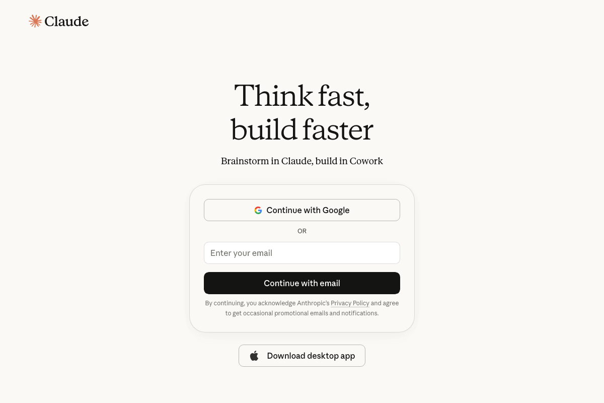 Claude.ai/code sign-in page showing Google and email authentication options alongside the companion Cowork product reference.