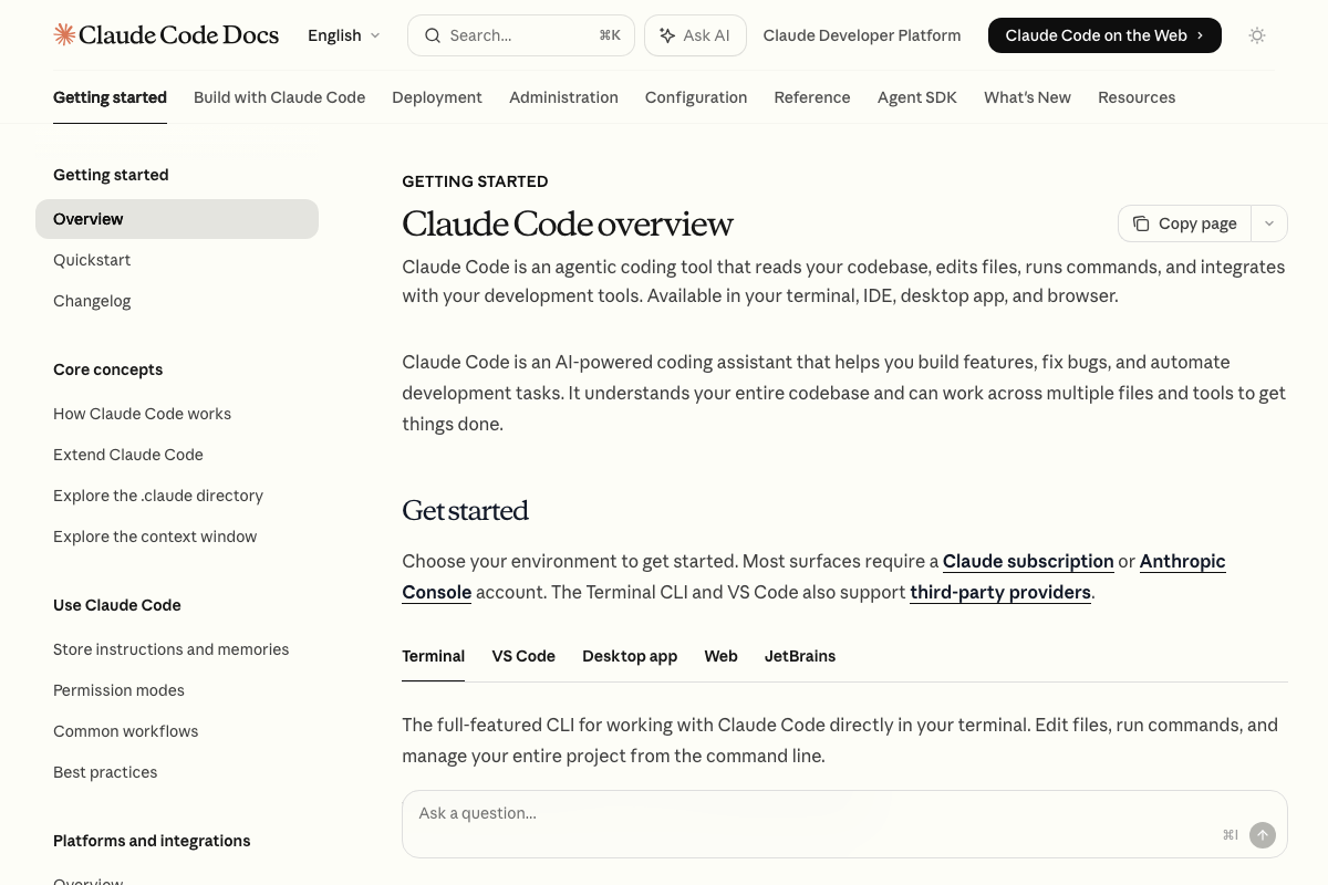 Claude Code overview page confirming it is an agentic coding tool available in Terminal, VS Code, Desktop, Web, and JetBrains