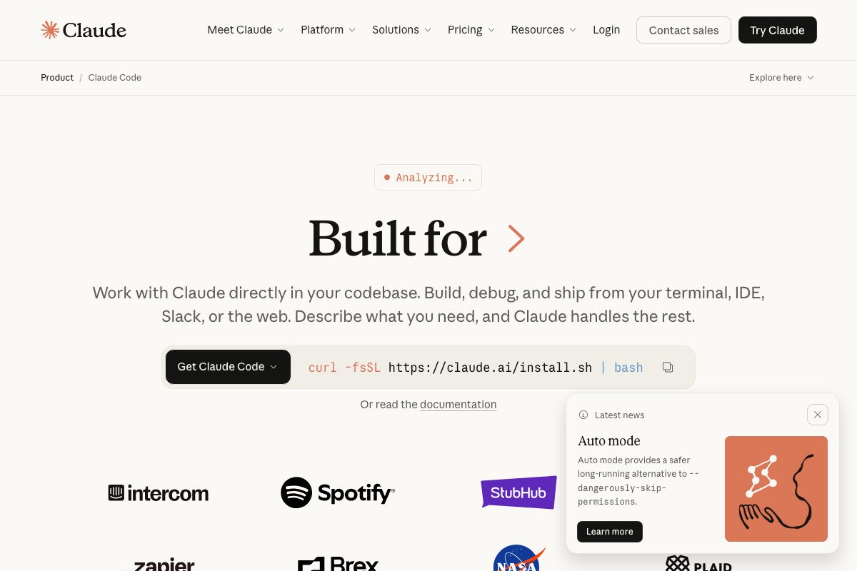 Anthropic Claude Code marketing homepage showing the official install command and an Auto mode announcement banner.