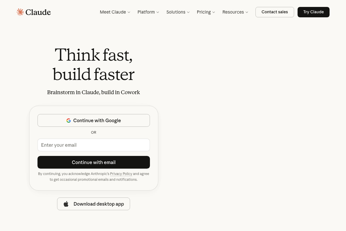 Claude.ai platform login page — authentication via Google or email; no plugin installation interface or /reload command is documented at this URL.