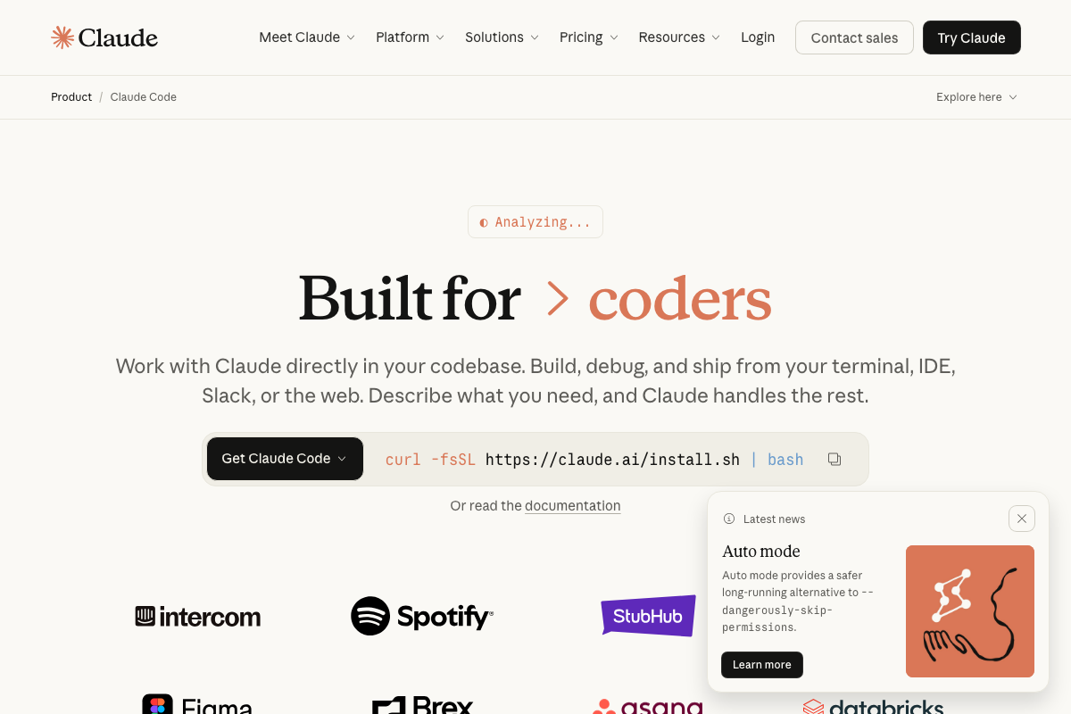 Official Claude Code page showing the desktop app button and curl terminal install command