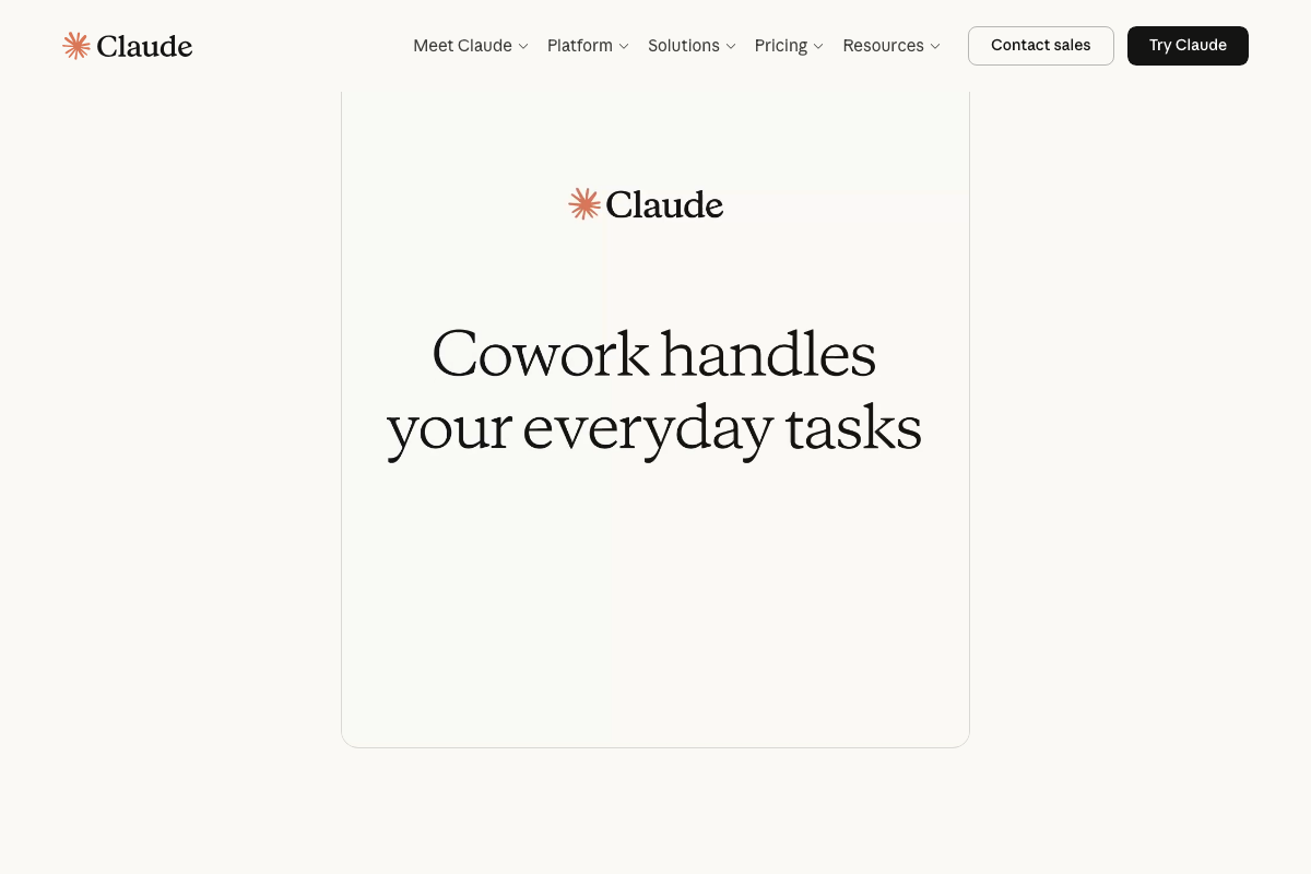 Claude.ai marketing page displaying the 'Cowork handles your everyday tasks' value proposition beneath the Claude logo and primary navigation bar.