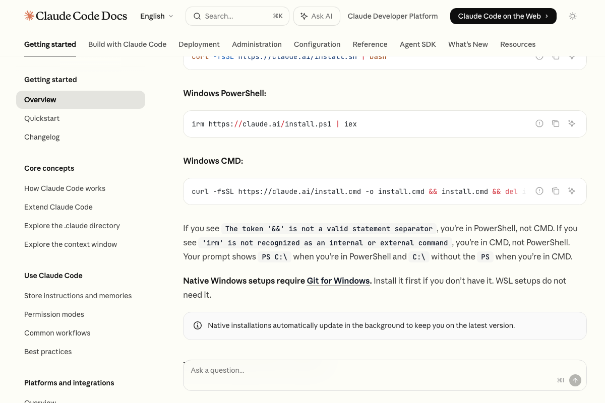 Claude Code Docs installation commands: curl-based installer for macOS/Linux, PowerShell and CMD variants for Windows. Native installs auto-update.