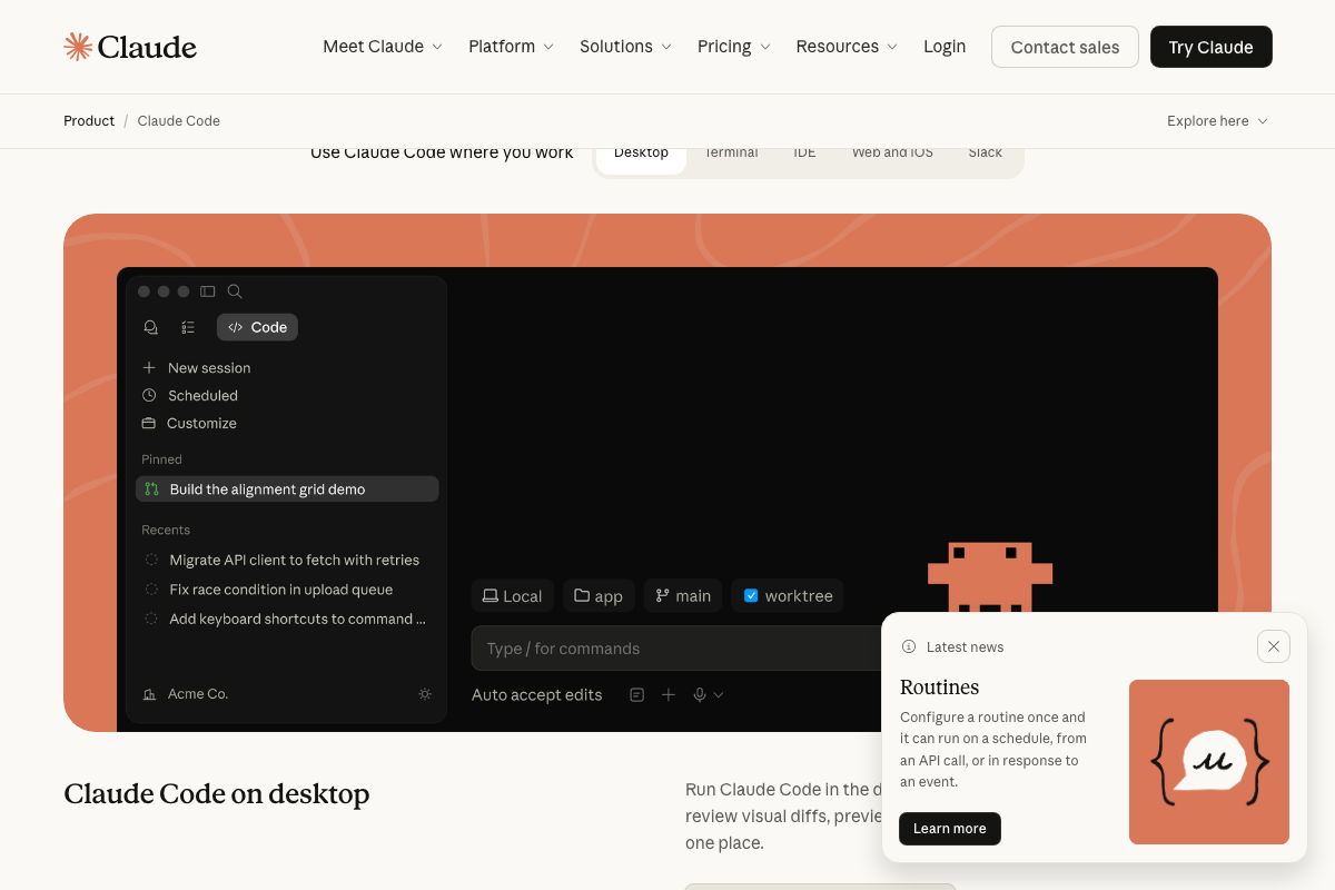 Claude Code desktop sidebar showing Pinned sessions, Scheduled tasks, and the slash-command input field.