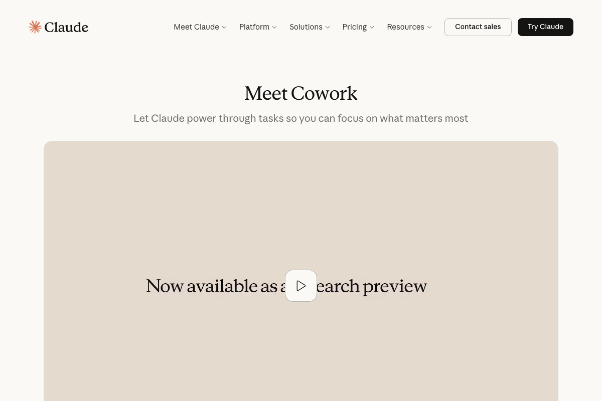 claude.ai's 'Cowork' feature is shown as a research preview — a separate product from the Claude Code terminal tool.