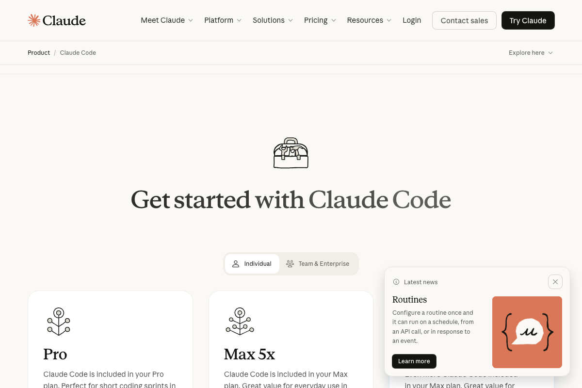 Claude Code pricing showing Pro and Max 5x plan options — access is bundled into existing Claude subscriptions, not priced separately