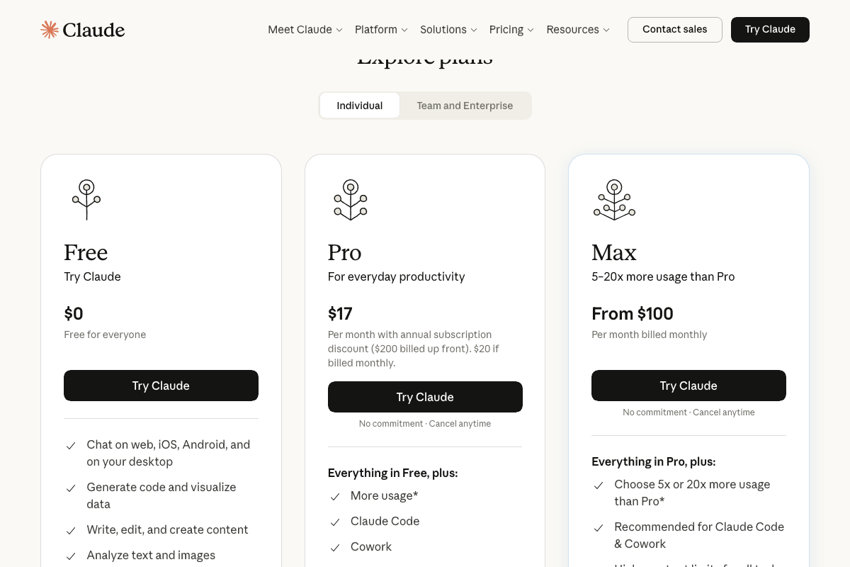 Anthropic's subscription pricing page showing Claude Code included in Pro ($17/mo) and Max ($100+/mo) plans — a separate pricing model from the per-token API rates cited in the video.