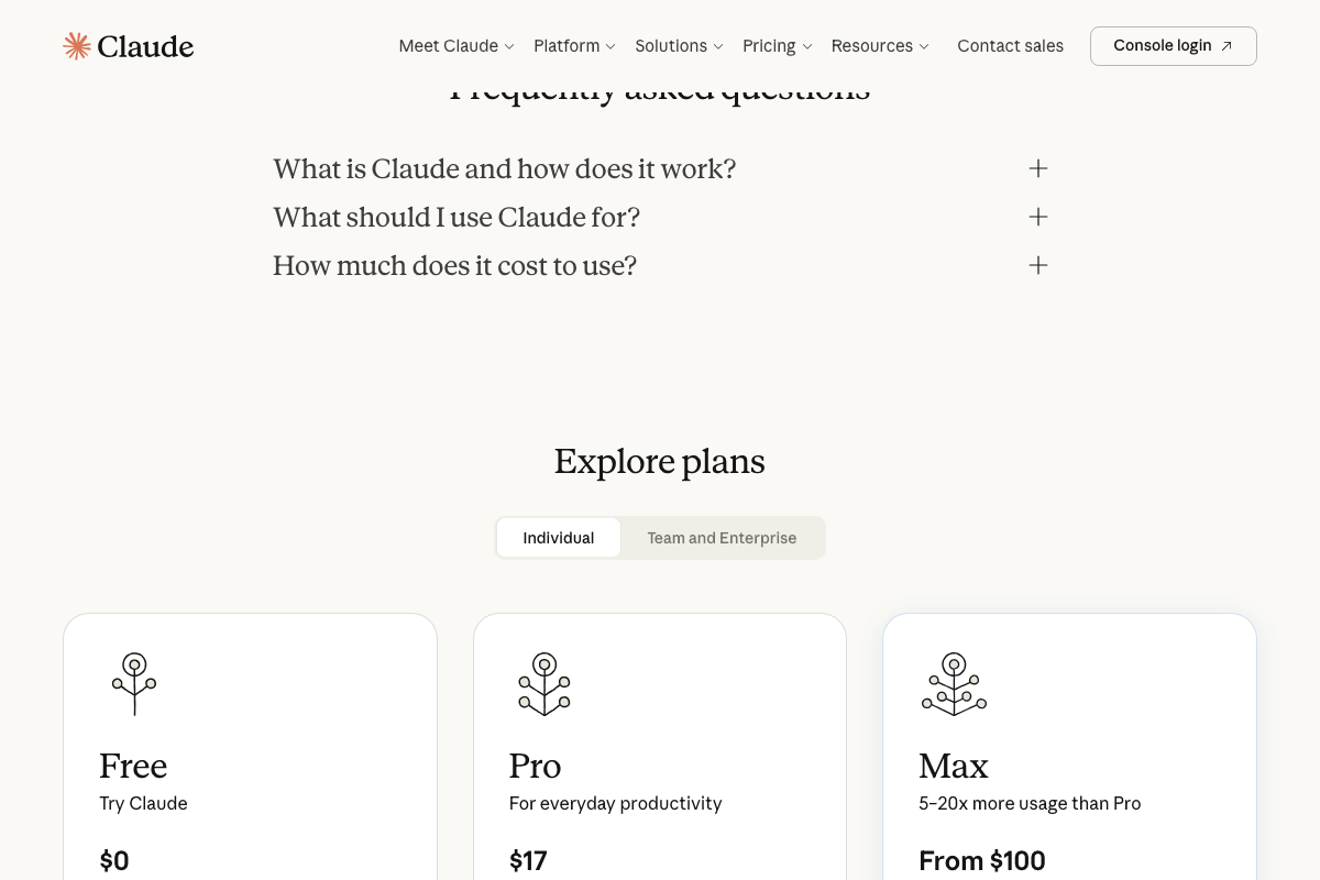 Claude.ai pricing tiers (Free, Pro $17/month, Max from $100/month) — subscription pricing, distinct from Anthropic API token billing