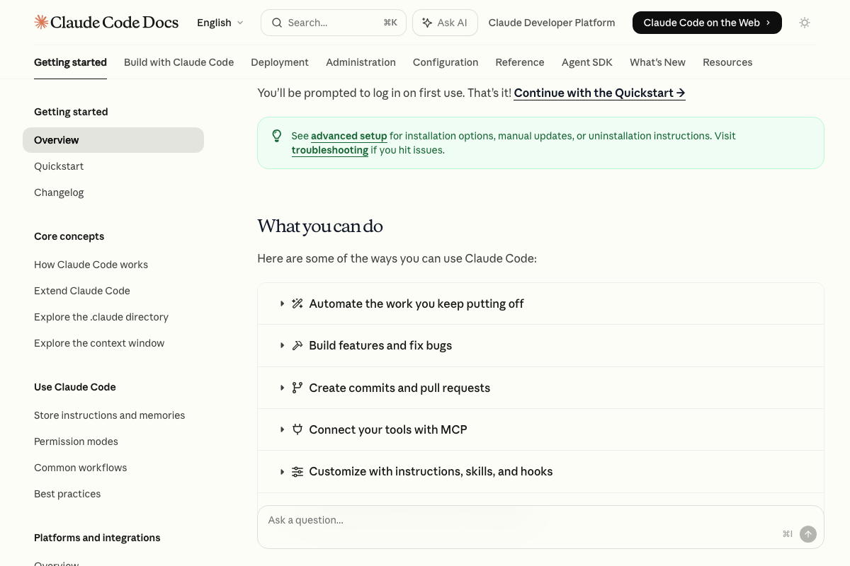 Claude Code 'What you can do' section confirming skills, hooks, MCP connectivity, and automated task capabilities