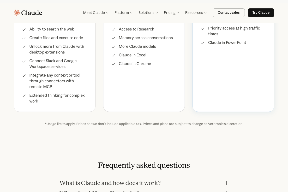Plan feature breakdown — MCP and desktop extensions available at Free tier; Claude in Excel and Chrome are Pro-tier additions.