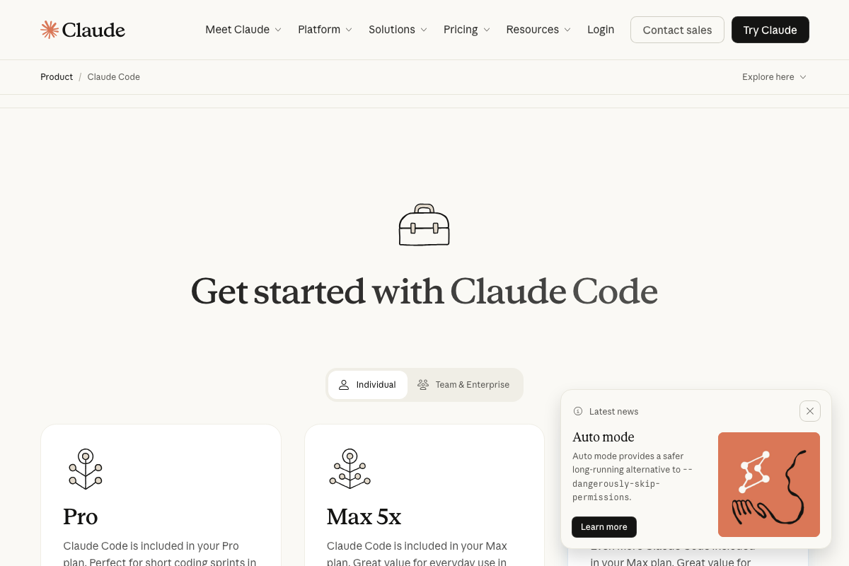 Pricing section showing Pro and Max 5x as the plans that include Claude Code access