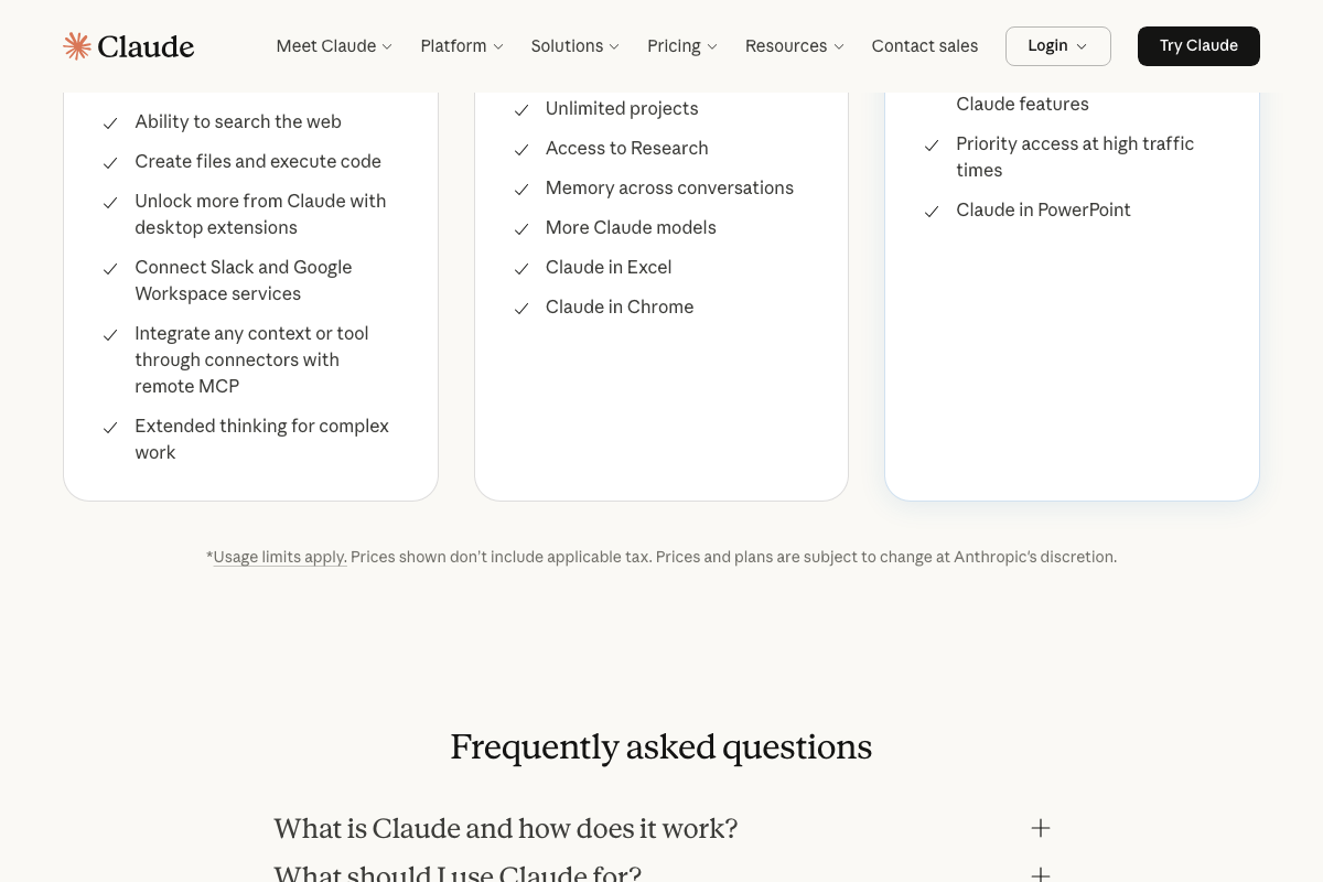 Claude.ai pricing feature list confirming remote MCP connectors on the Free plan and Memory across conversations on Pro — no third-party access restriction is documented.