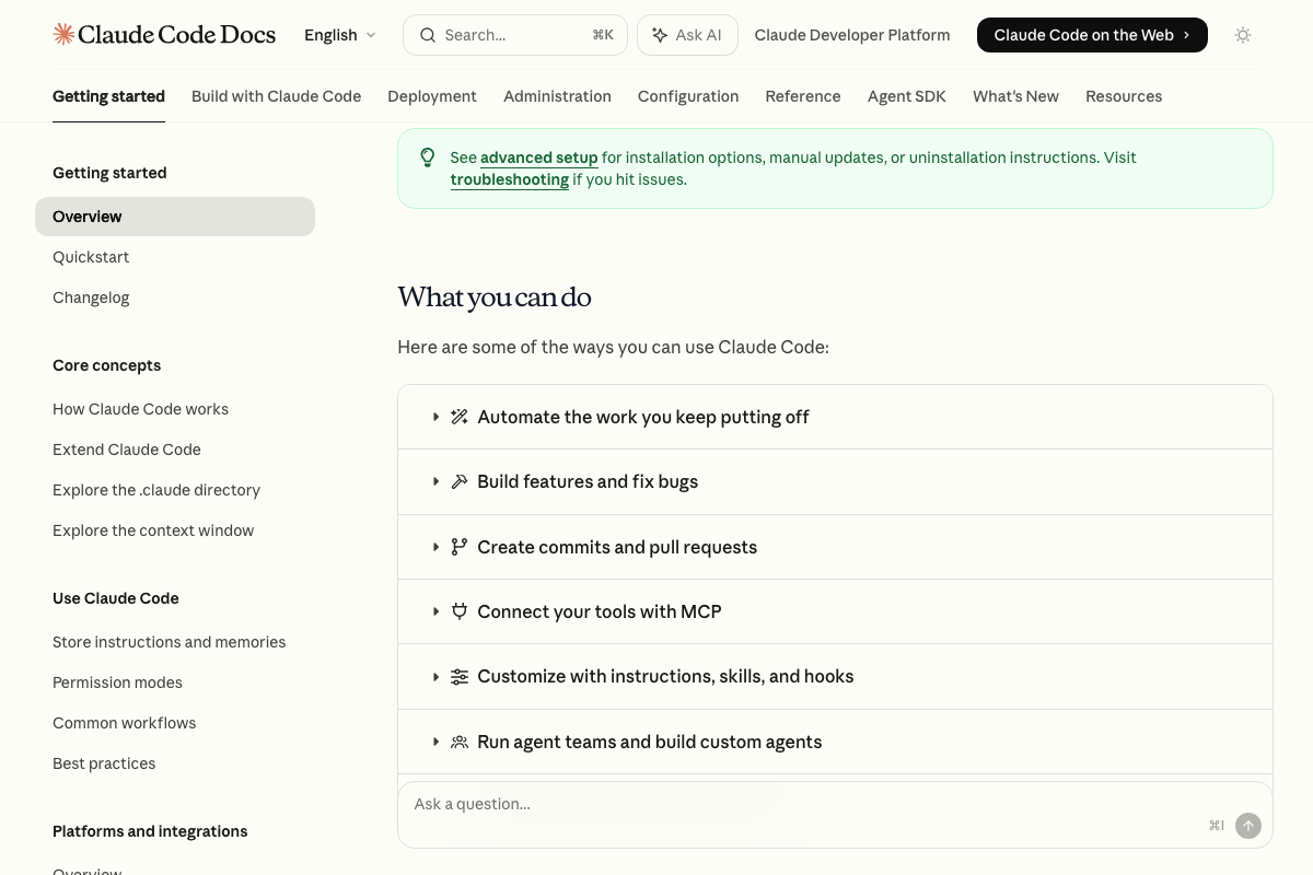 Claude Code 'What you can do' section — six core categories, no post-session review command listed