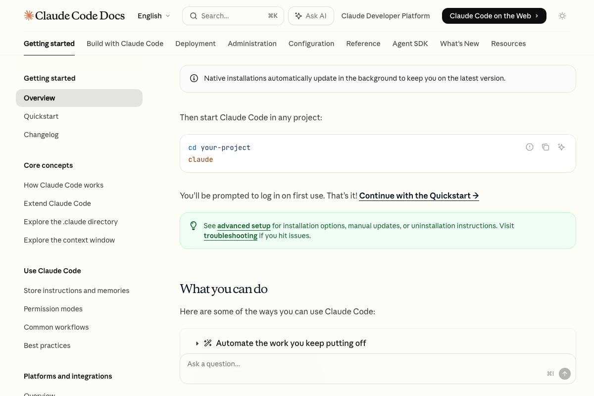 Claude Code Docs — auto-update behavior note and quickstart command for launching Claude Code in a project directory
