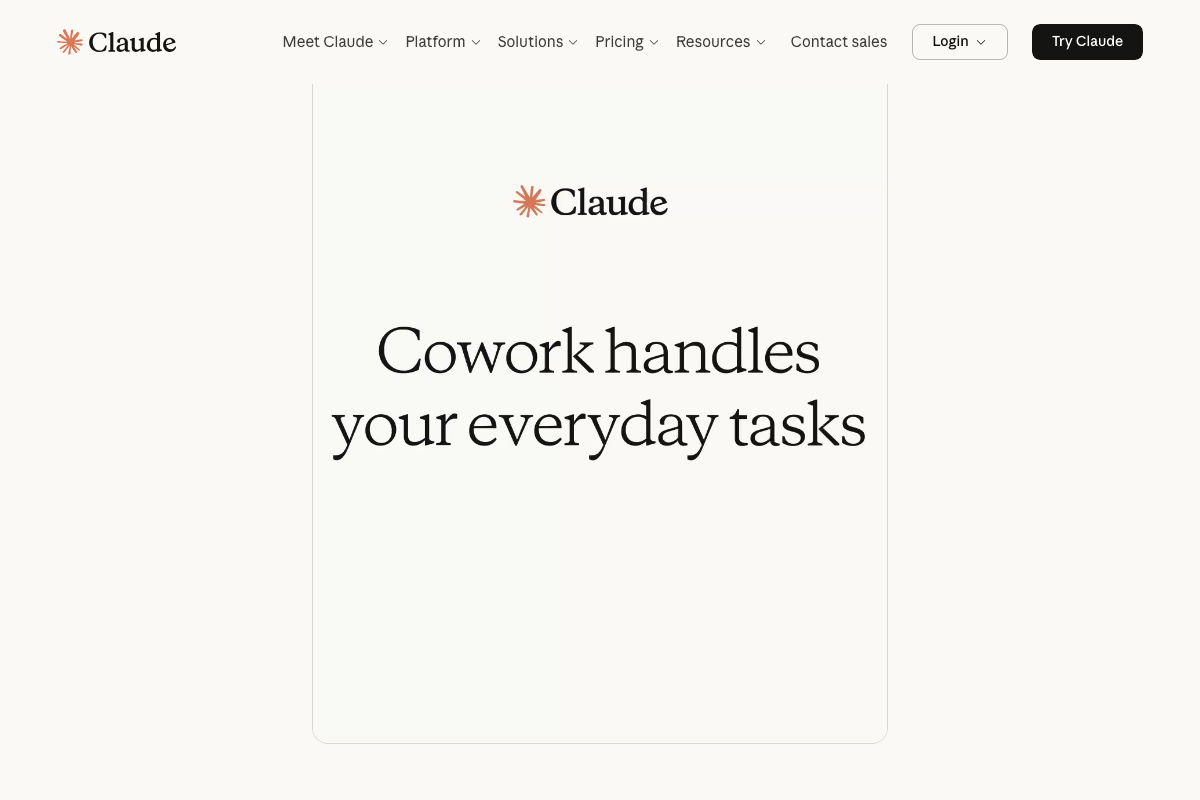 Claude.ai homepage showing Cowork — a separate Anthropic product distinct from Claude Design, not referenced in the tutorial