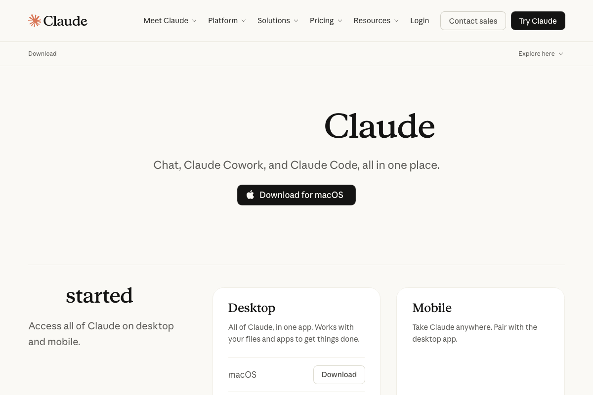 claude.ai/download confirms the desktop app exists and includes Claude Cowork, but the official product name is 'Claude Cowork' — not 'Co-work mode' as stated in the tutorial.