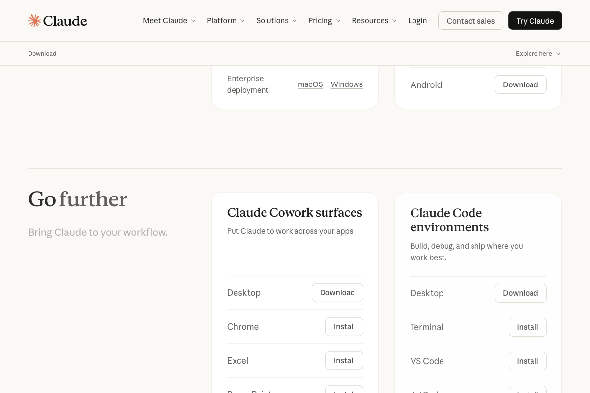 claude.ai/download listing Claude Code environments: Desktop, Terminal, VS Code, and JetBrains — confirming Desktop is an officially supported Claude Code surface.