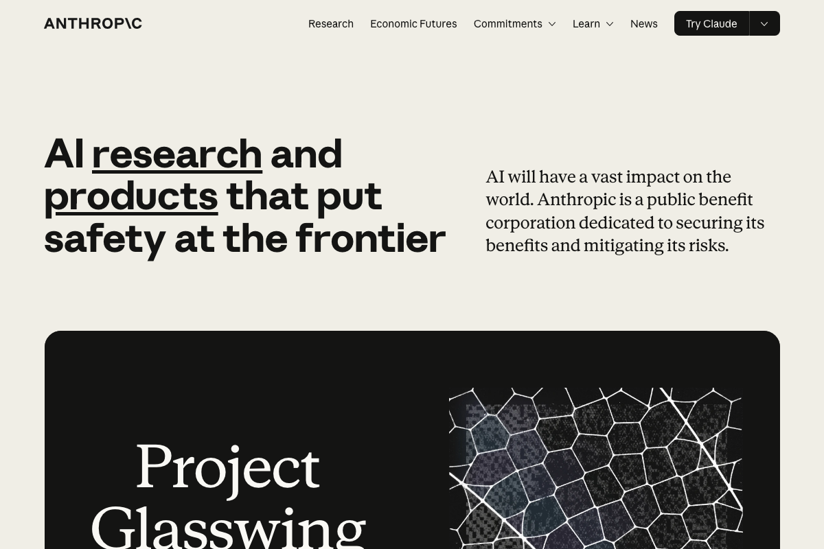 Anthropic homepage hero section displaying 'Project Glasswing' — spelled as one word — as of April 2026.