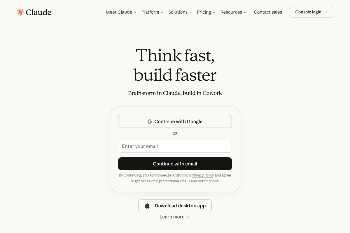 Claude.ai login/landing page as of the screenshot date. The page promotes 'Cowork' as a companion product and does not display model version names such as Claude Opus 4.7.