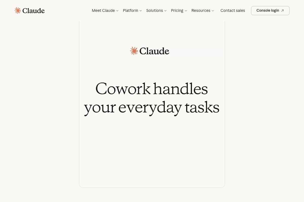 Claude.ai homepage scroll section promoting 'Cowork handles your everyday tasks.' No Claude Opus 4.7 model information appears on this page.