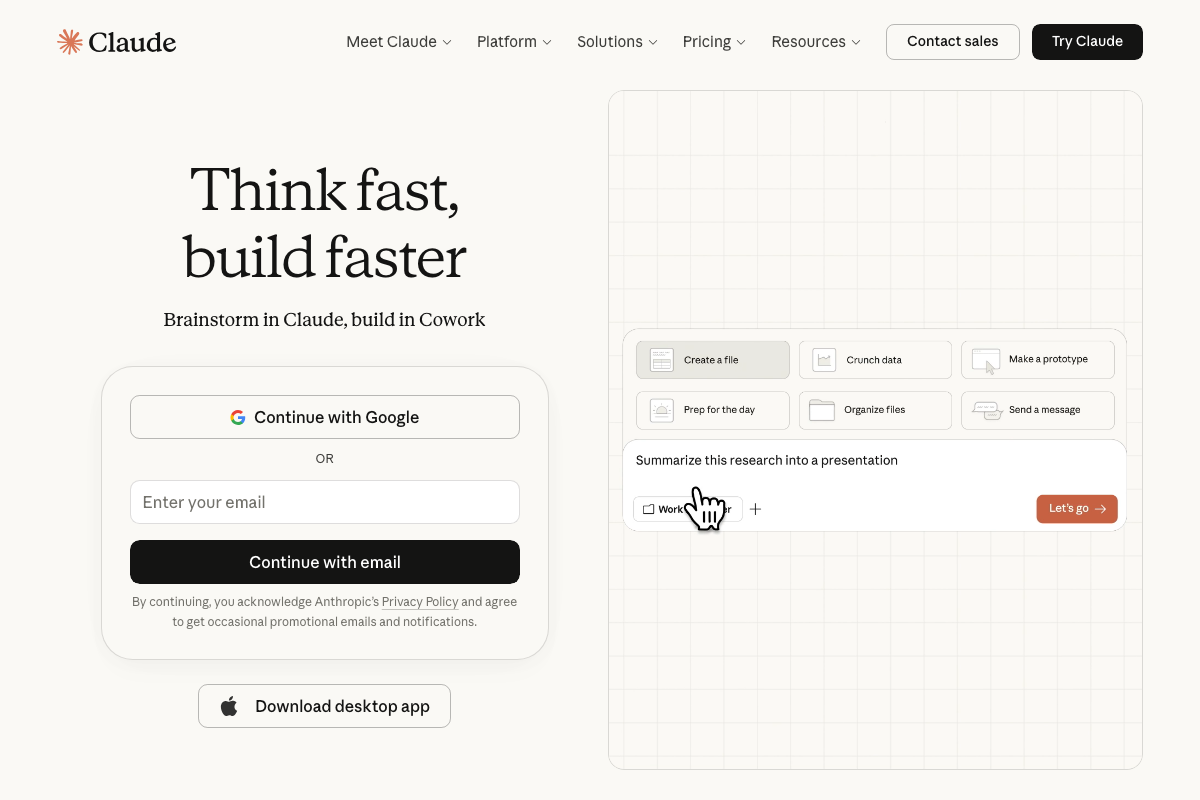 Claude.ai logged-out homepage — the interface used in step 10 to generate ad prompts for Magic Fit