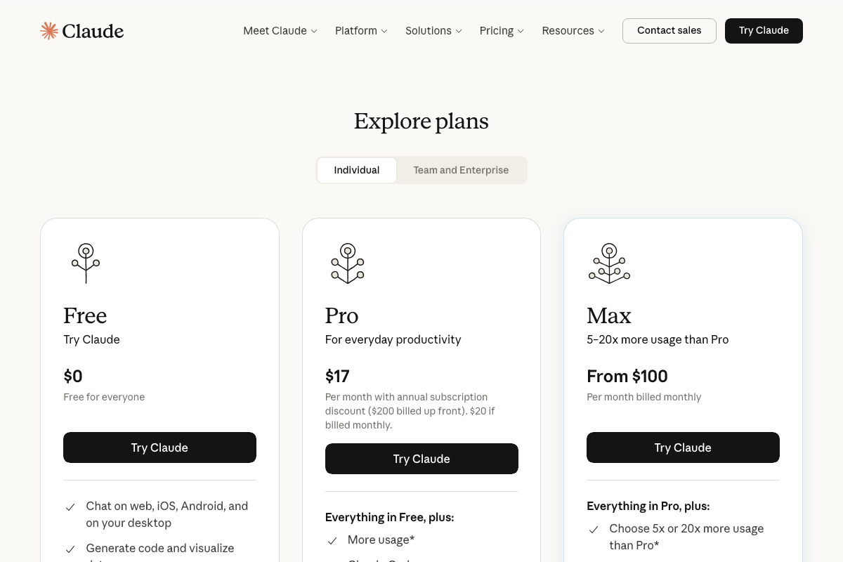 Claude.ai pricing: Free ($0), Pro ($17/mo annual), Max (from $100/mo)