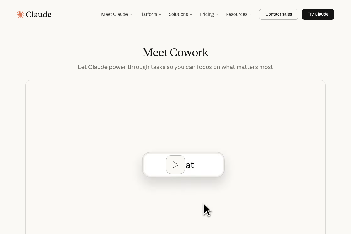 Claude.ai 'Meet Cowork' section — an agentic task mode not referenced in the tutorial but relevant to marketers evaluating AI research tools.