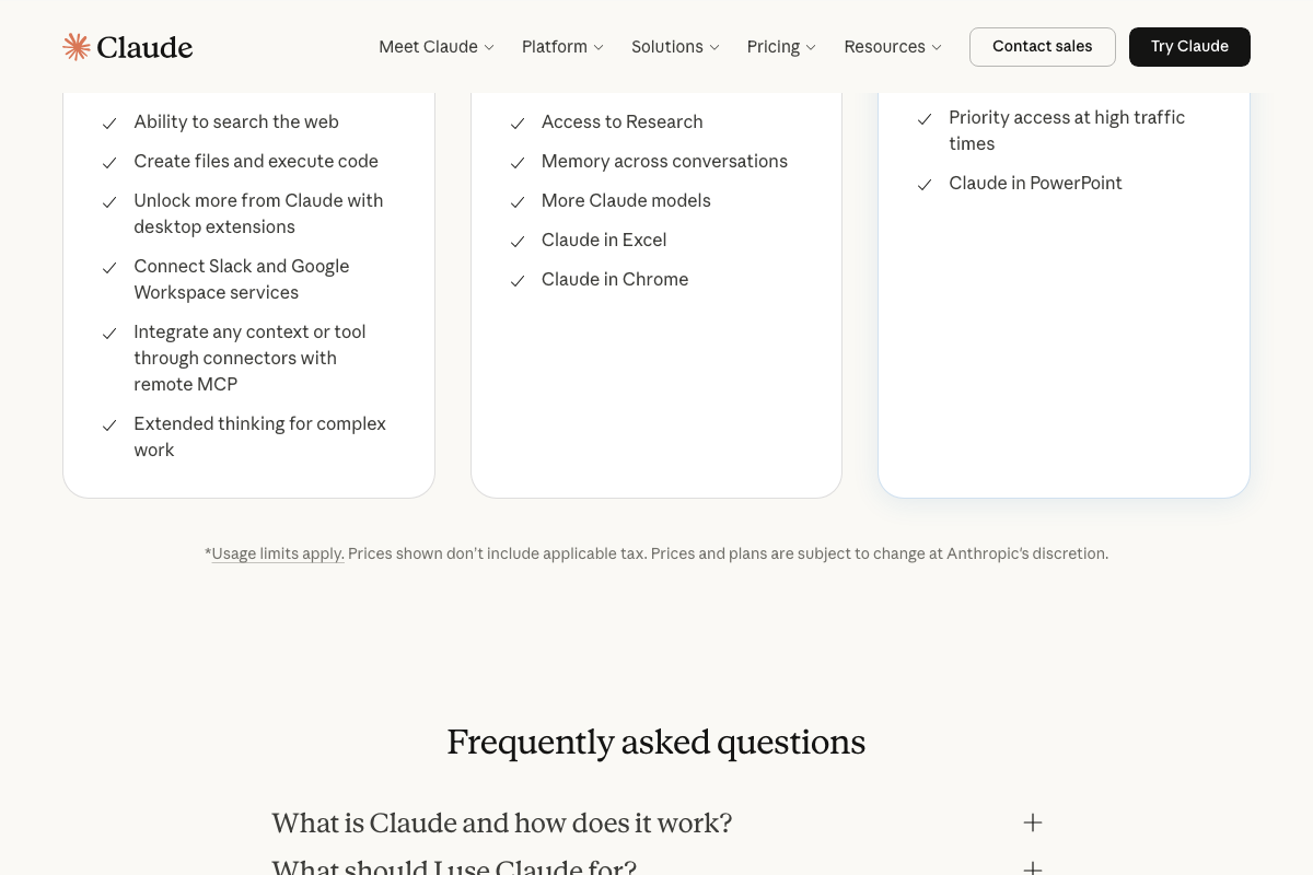 Claude.ai Free plan features include web search, extended thinking, file creation, and code execution