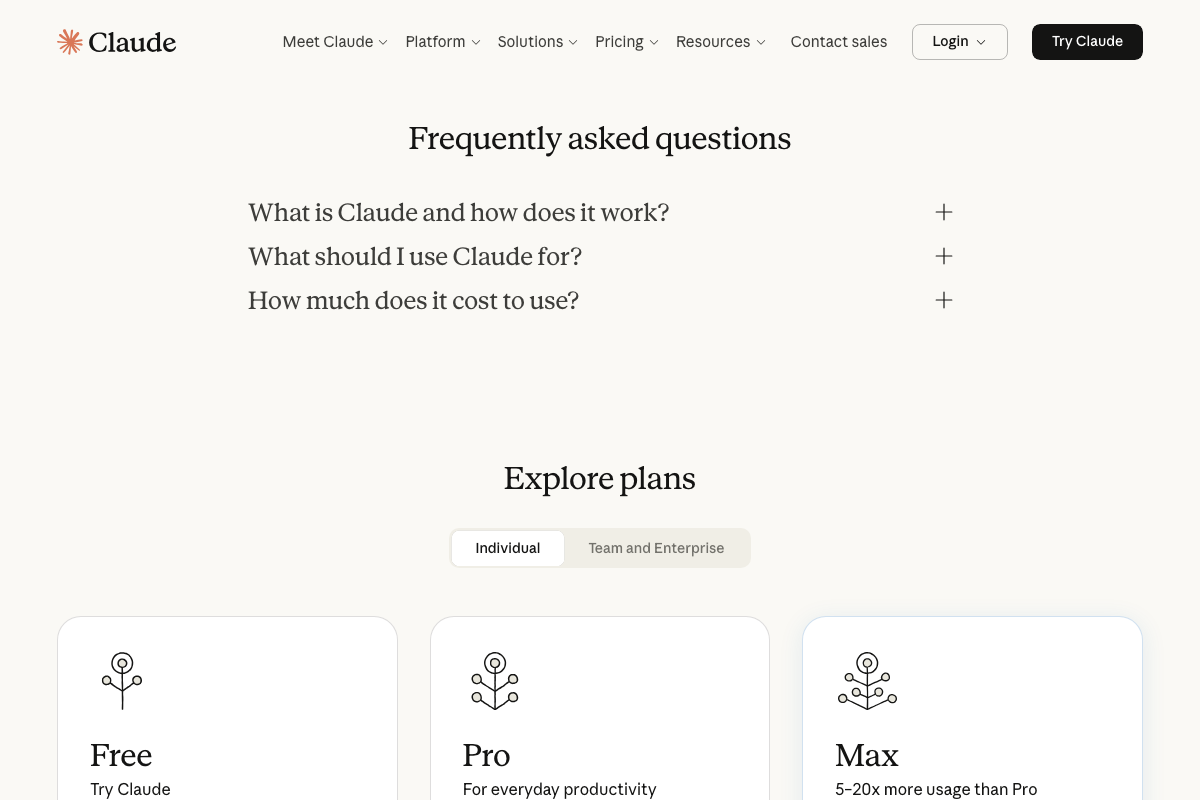 Claude.ai pricing showing Free, Pro, and Max tiers — usage limits relevant to daily Level 2 use are not discussed in the tutorial.
