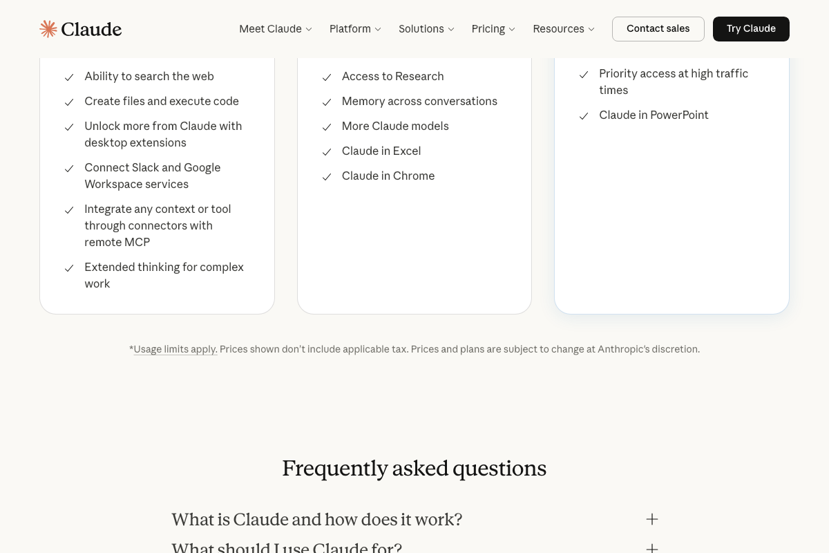 Claude.ai pricing feature breakdown showing 'Memory across conversations' listed under Pro — no update frequency is specified