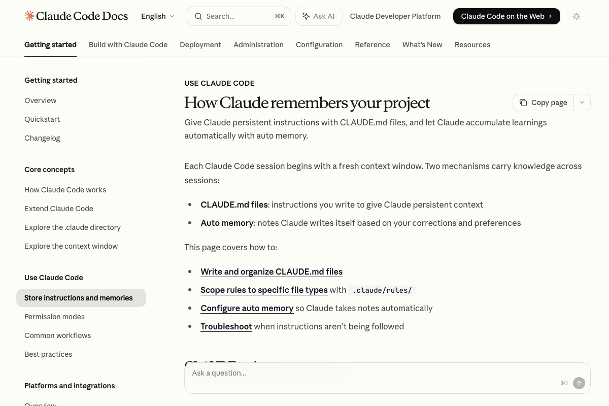 The official 'How Claude remembers your project' page introducing CLAUDE.md and auto memory as Claude Code's two session-persistence mechanisms