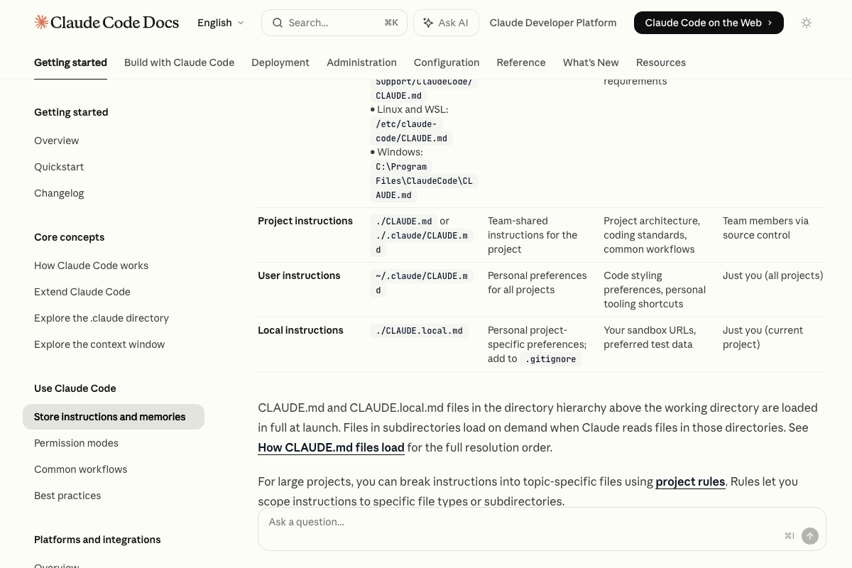 The CLAUDE.md file location and scope table showing project-level, user-level, and local instruction scopes with their respective file paths and access contexts