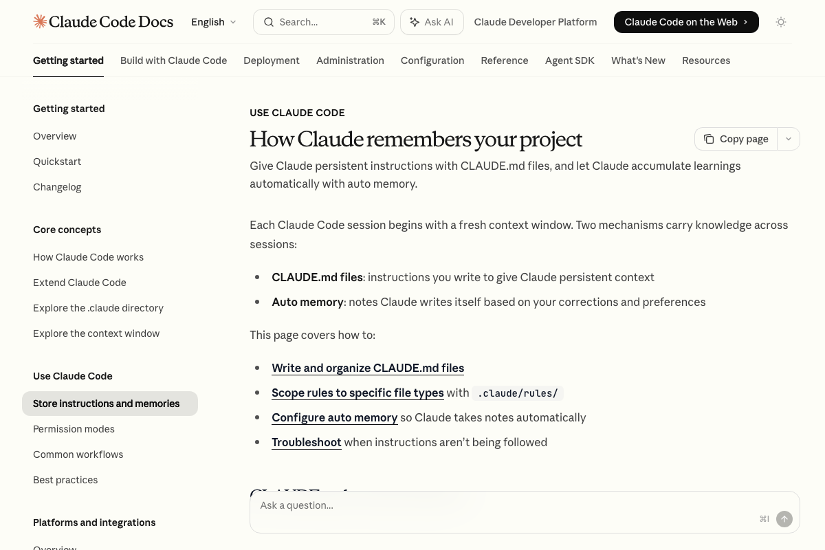 Claude Code Docs 'How Claude remembers your project' page, showing CLAUDE.md files and Auto memory as the two distinct persistence mechanisms.