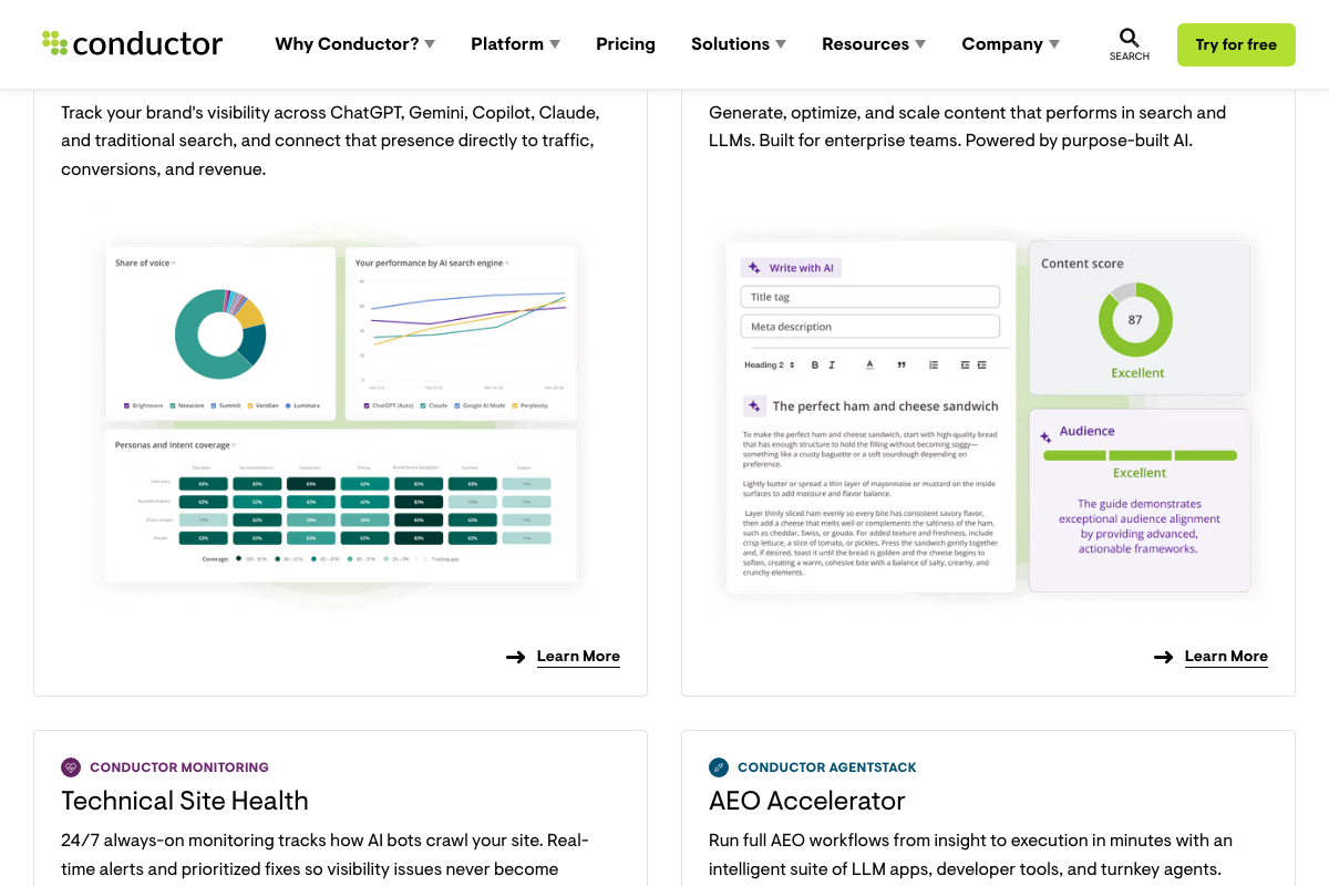 Conductor capabilities page showing AI visibility tracking explicitly listed across ChatGPT, Gemini, Copilot, Claude, and traditional search.