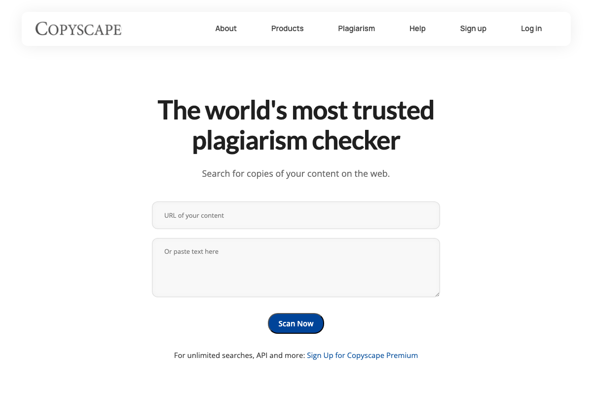 Copyscape homepage — confirms URL and text-paste scanning interface for detecting copied content