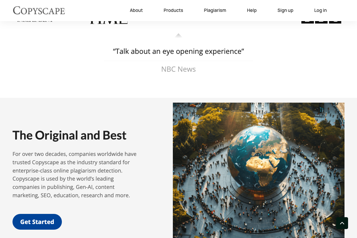 Copyscape 'Original and Best' section — 20+ year industry track record and explicit SEO use-case positioning confirmed