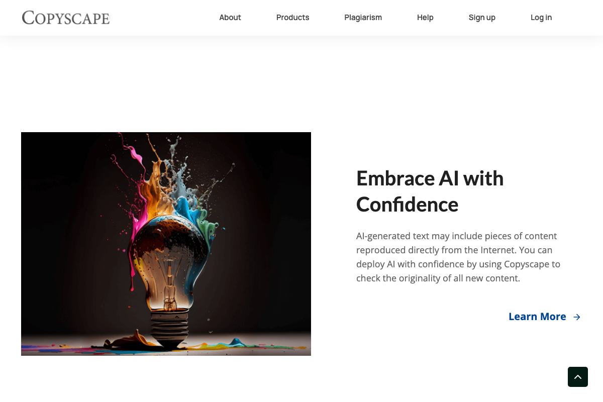 Copyscape 'Embrace AI with Confidence' section — AI content originality checking feature not covered in the tutorial
