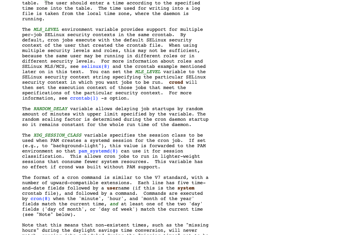 crontab(5) man page showing the five time-and-date field format and RANDOM_DELAY variable for offsetting scheduled job start times