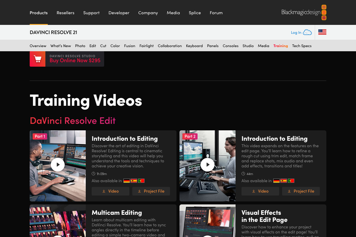DaVinci Resolve 21 training page listing Studio upgrade at $295 alongside free training video series