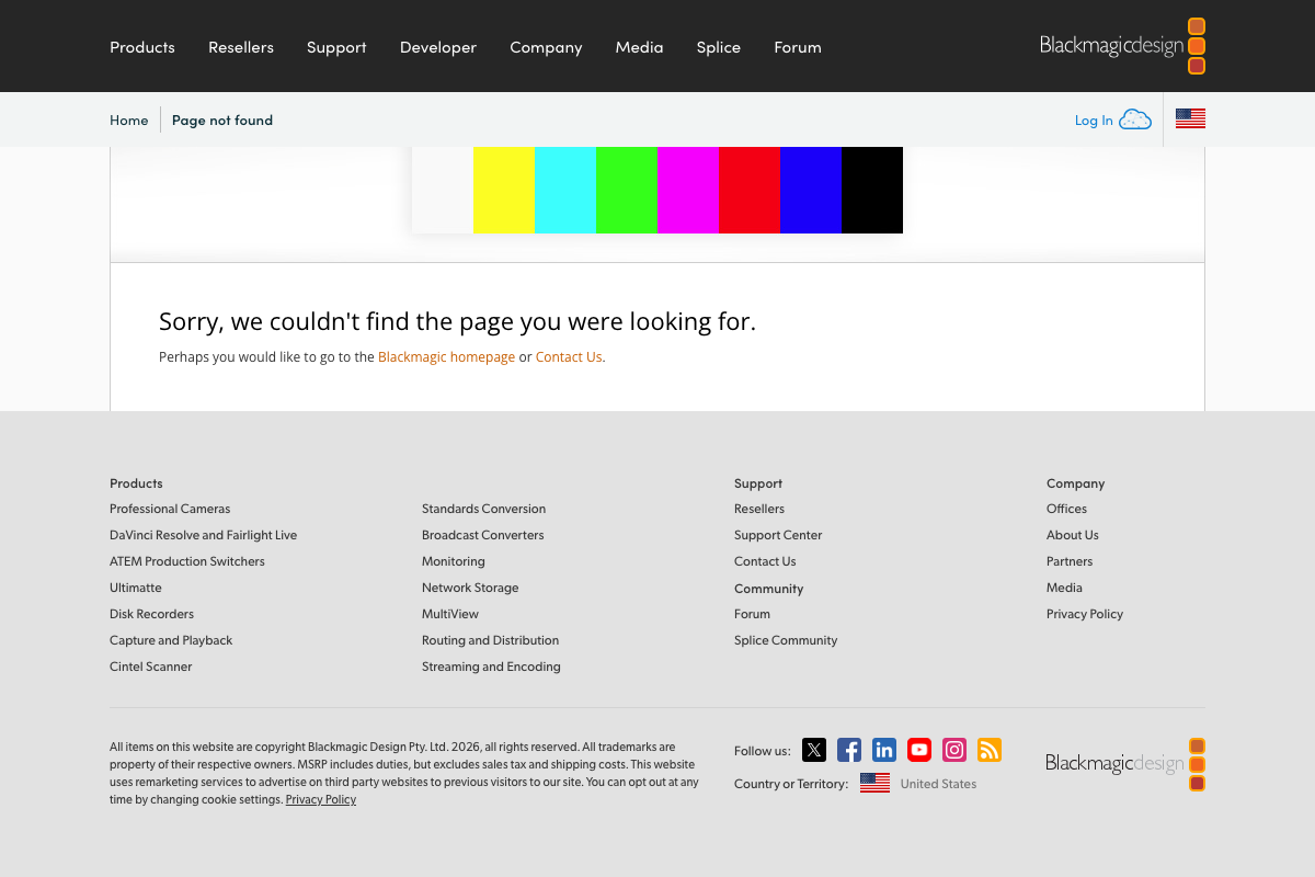 Blackmagic Design learn page returning a persistent 404 — footer confirms the site is live as of 2026 but this path no longer exists.