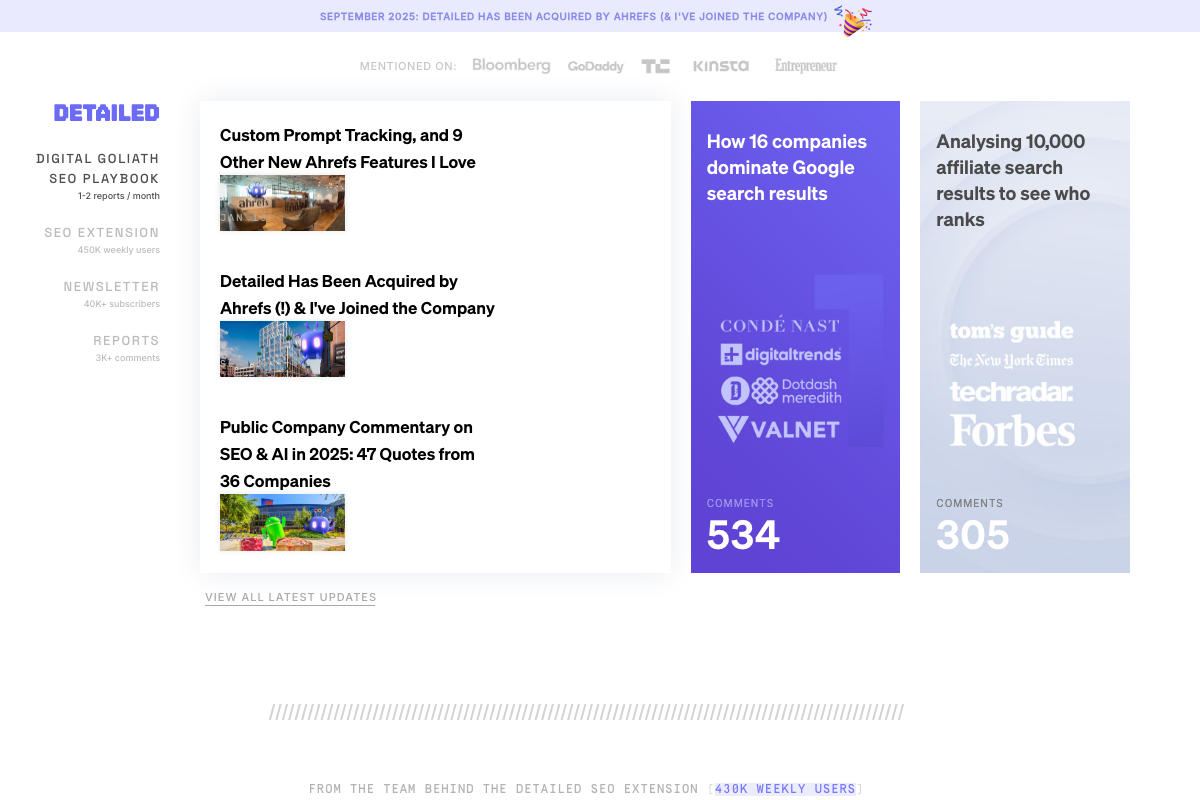 Detailed.com (April 2026) showing the SEO Extension with 450K weekly users and the September 2025 Ahrefs acquisition banner.
