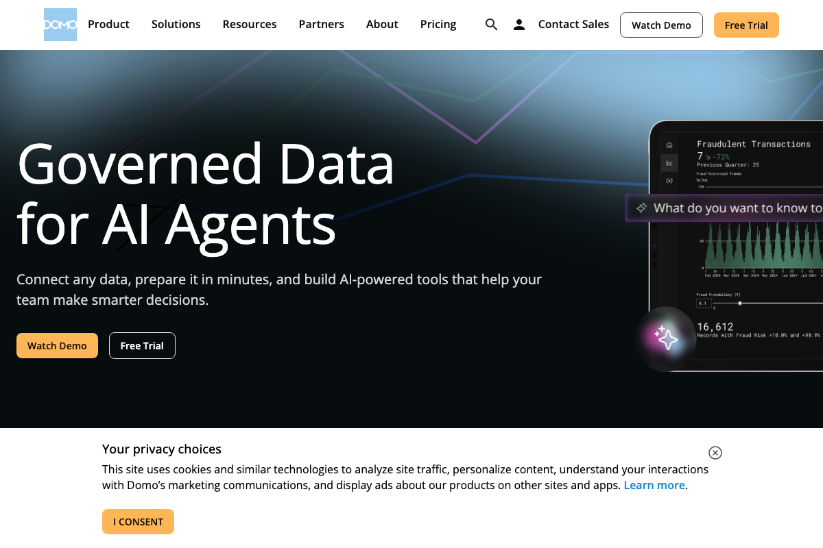 Domo homepage with headline 'Governed Data for AI Agents' and AI-powered decision support positioning