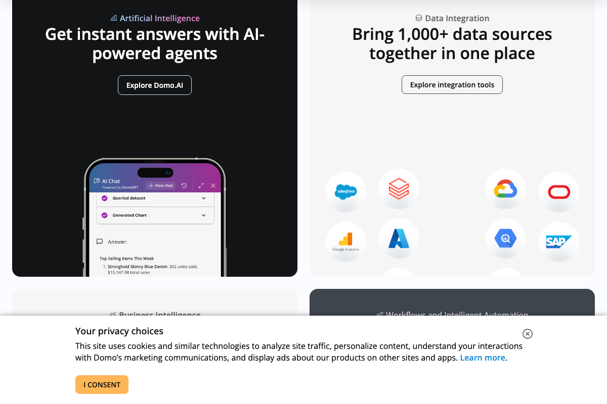Domo homepage showing DomoGPT 'Queried dataset → Generated Chart' agent workflow alongside a 1,000+ integrations connector panel