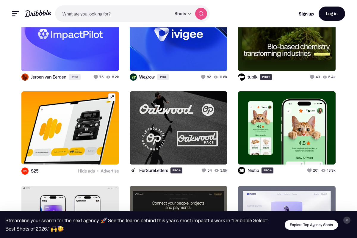 Dribbble shot grid with brand and landing page UI designs — community like/view counts are visible during browsing.