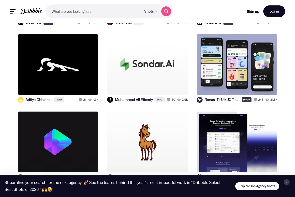 Dribbble results including Sondar.AI and AI product hero shots — AI SaaS landing page references are discoverable without additional filters.