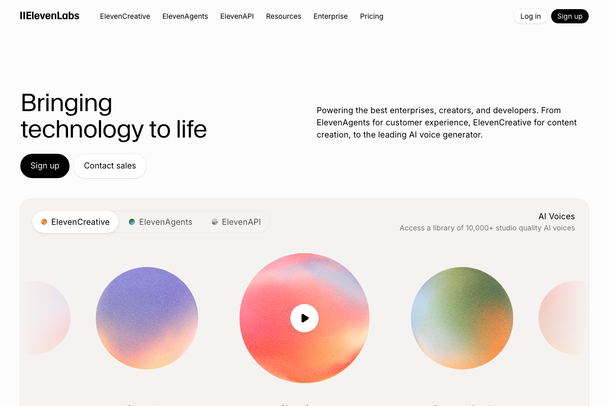 ElevenLabs homepage showing three product lines: ElevenCreative, ElevenAgents, and ElevenAPI