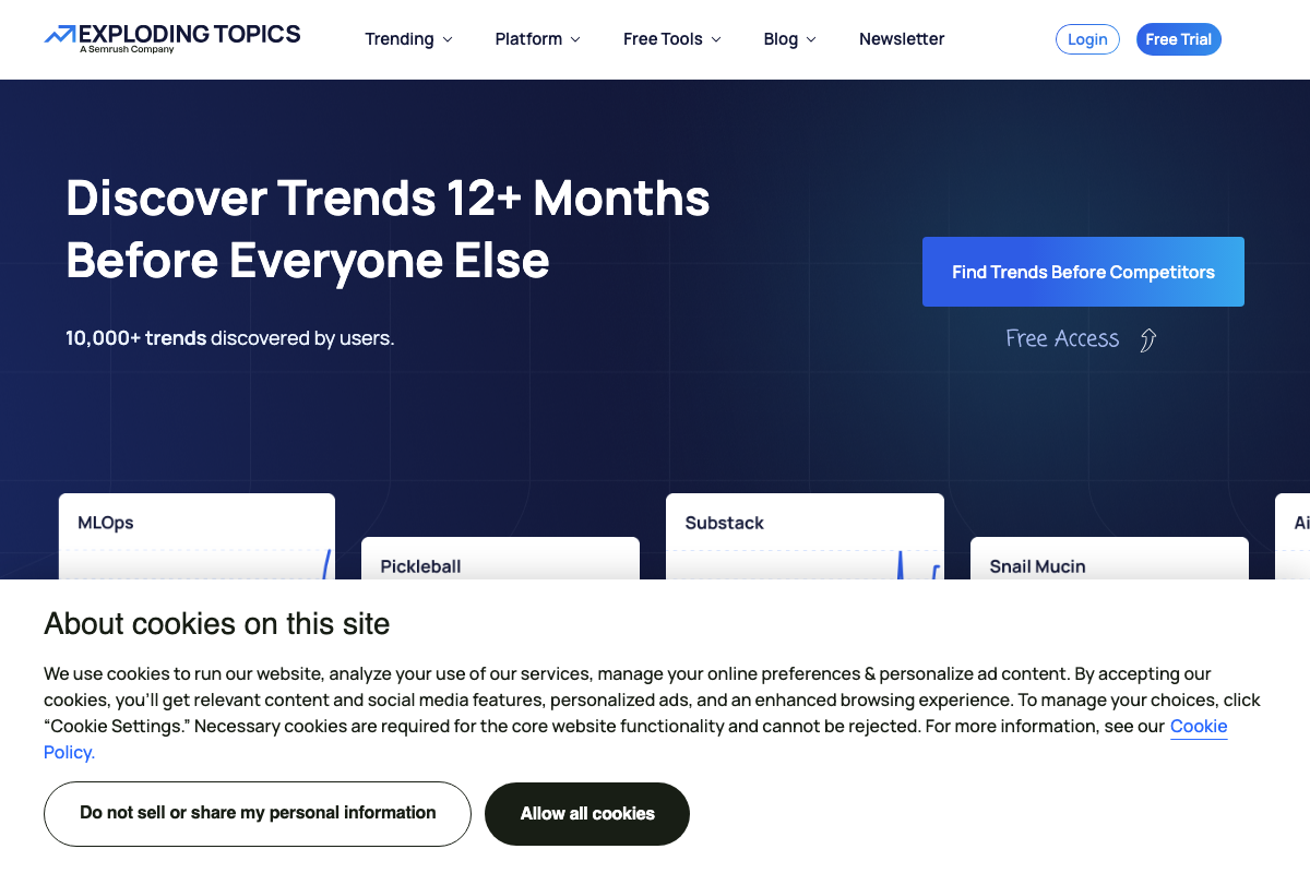 Exploding Topics homepage (explodingtopics.com), now operating as a Semrush company, with a Free Trial CTA and Newsletter link in primary navigation.